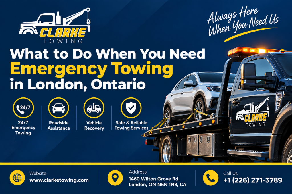 Emergency towing service for a broken-down vehicle on a road in London, Ontario