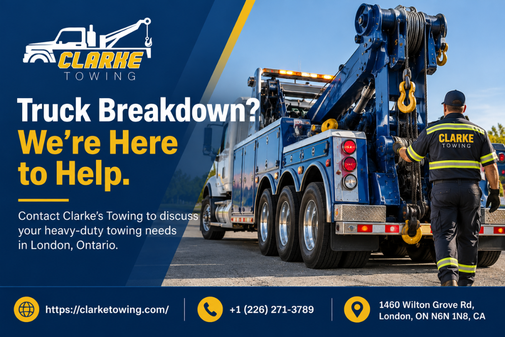 Fast help for a truck breakdown in London, Ontario from Clarke's Towing heavy duty tow truck
